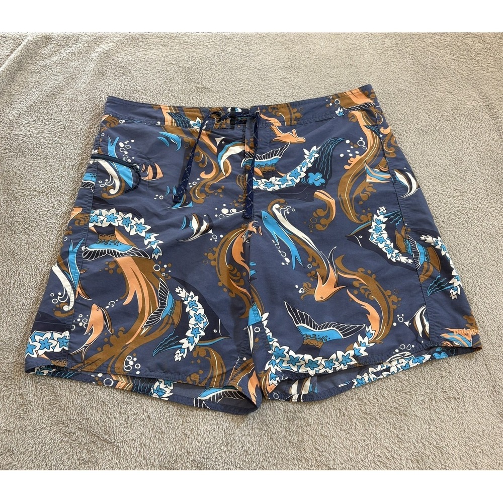Patagonia Wavefarer Boardshorts 36 Blue Brown Fish Floral Print Swim Trunks